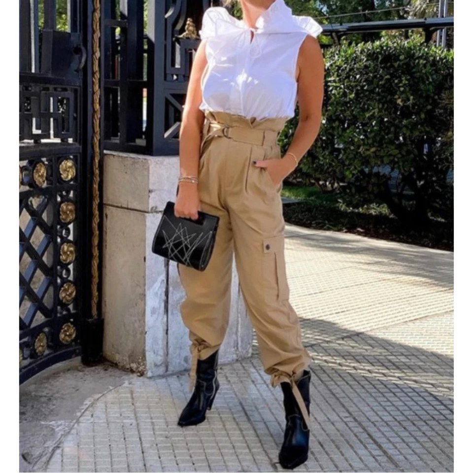 Pantalones cargo utilitarios ZARA cintura alta con cinturón caqui tostado marrón para mujer pequeños usados en excelente estado Foto 2 de 4