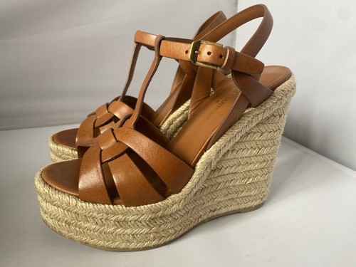 Gorgeous YSL Saint Laurent Ambra Tan Leather Tribute Espadrille Wedges - Size 36