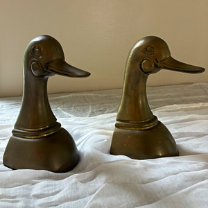 Bronze Metallic Finish Metal Duck Head Bookends, Animal Theme, Set of 2