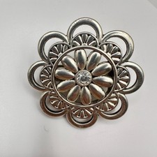 Vintage 90s Silver Tone Floral Brooch Pin Clear Rhinestone Women's Jewelry