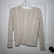 LL Bean Signature Sweater Womens Small Brown Cotton Ribbed Fisherman Cable Knit