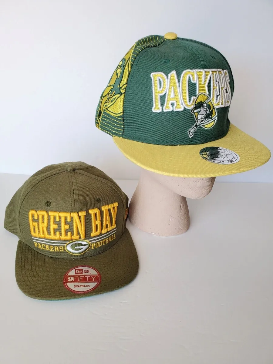 Lot of 2 Green Bay Packers Hats New Era 9Fifty, Mitchell & Ness Snapback  Adjust