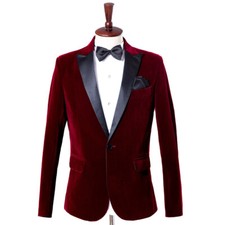 Men Velvet Peak Lapel Suit Jacket Single Breasted Blazer Coat Formal Casual Work