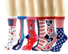 6 Pairs Women American 4th Of July USA Novelty Design Crew Socks