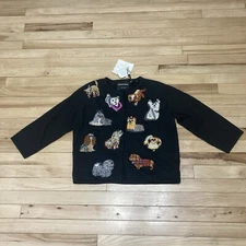 Michael Simon Black Novelty Dog Cardigan Sweater Button Up NEW W/ TAGS Sz Medium
