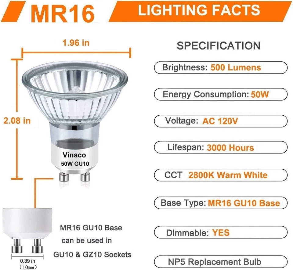 10 Pack 120v 50W GU10 Bulb for Candle Warmer Lamp 50W gu10 Dimmable 2800K 50w - Image 3 of 4