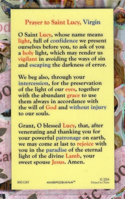 Saint St. Lucy + Prayer to St. Lucy - Laminated Holy Card 800-1245 | eBay