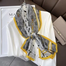 100% Silk Twill Scarf Women Square Bandana Wrap Fashion Black Yellow 145*37cm