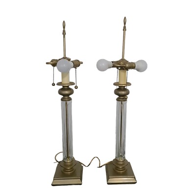 Antique Brass Glass MCM Neoclassical Weighted Double Socket Pull Chain 2 Lamps