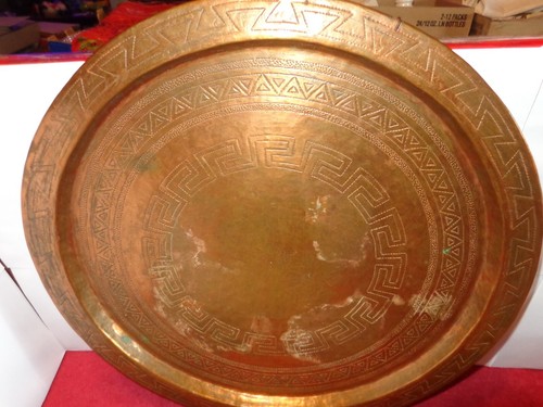 VINTAGE 18 in HAND ETCHED SOLID COPPER SERVING TRAY- WALL HANGER UNIQUE # L 14