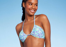 Wild Fable Women's Size Small 4-6 Multiway Bikini Top Blue Green Heart Print