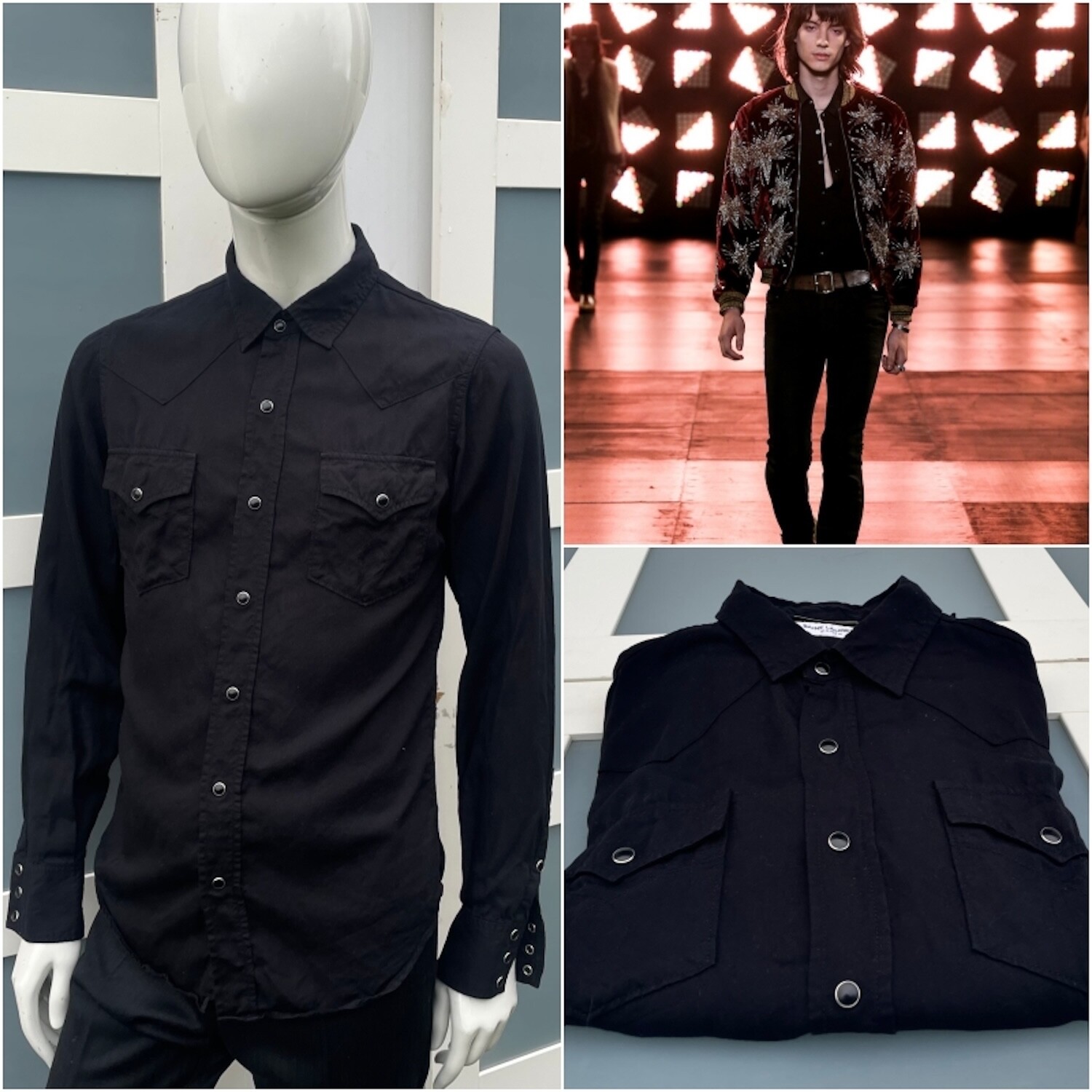 Camicia western ultra rara e fantastica Saint Laurent SS15 Hedi Slimane nera lyocell