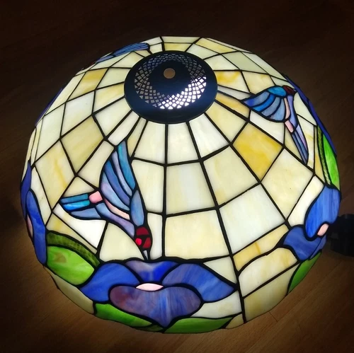 Large  STAINED GLASS LAMP SHADE FLOWERS/BIRDS Vintage Tiffany "Style"  Light