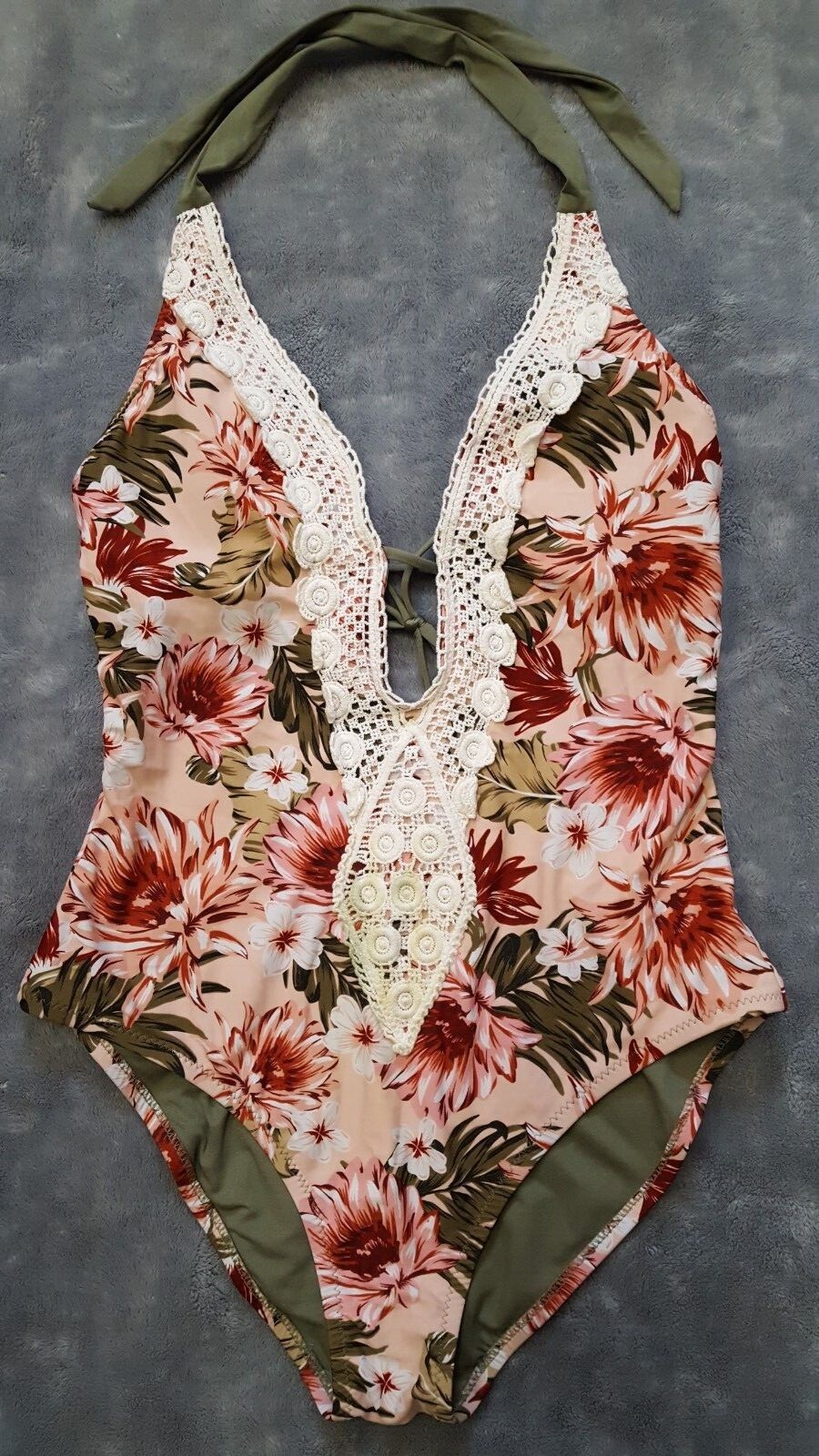 Kona Sol Sexy Crochet V Neck One Piece Swimsuit Hal… Gem