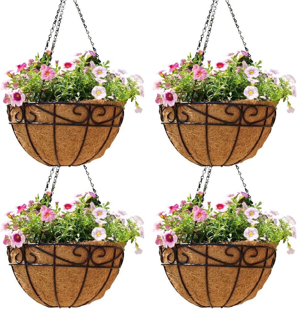 14 Inch 4 Pack Round Metal Wire Hanging Baskets for Outdoor Plants