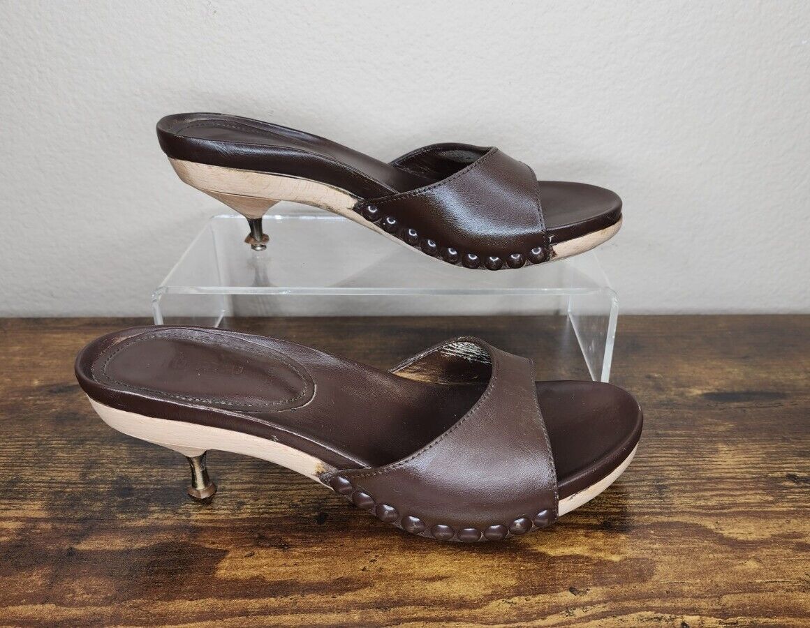 Miu Miu Y2K Women's Wooden Open Toe Studded Kitten Heel Miu Miu Y2K Women's Wooden Open Toe Studded Kitten Heel