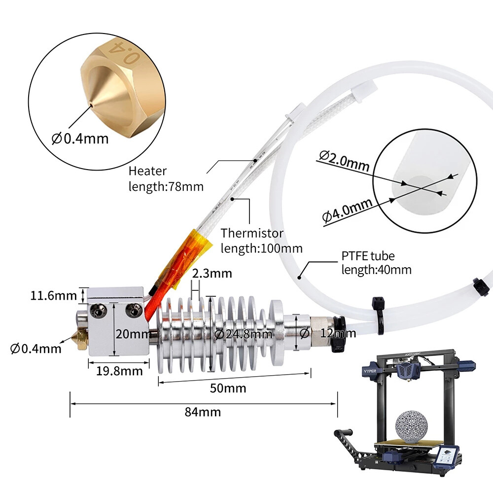 3d Printer Hotend For Anycubic Vyper 0.4mm Nozzle 24v Heater With Hotend