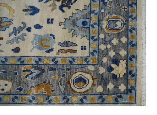 Handmade Antique Ivory-Blue Turkish Oriental Oushak Area Rug | Hand-Knotted Rug - Picture 7 of 9