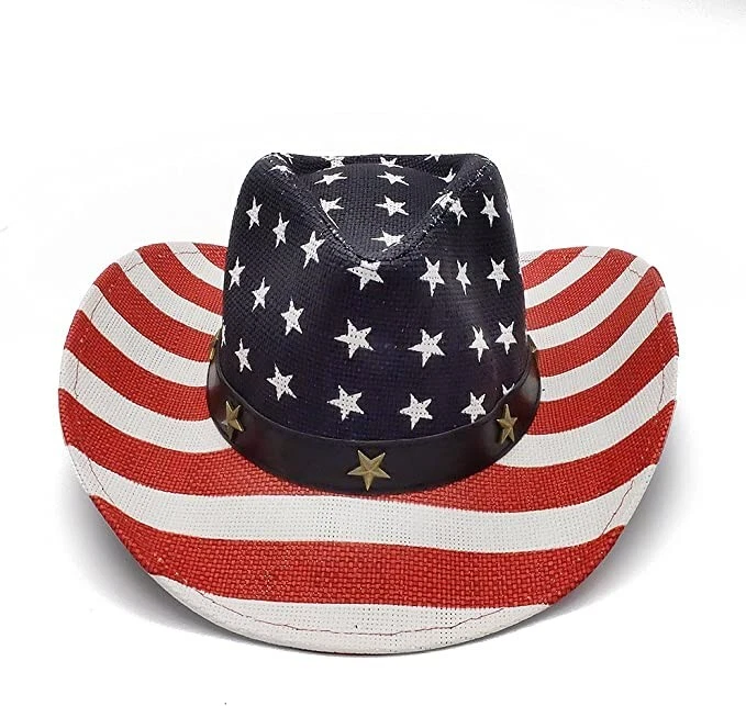 Chapéu de cowboy bandeira americana, vermelho brilhante, branco, azul oeste EUA formato aba - Imagem 2 de 4