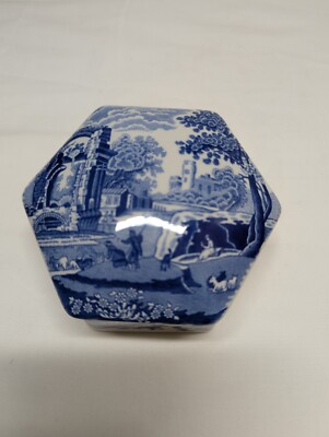 Spode Blue Made In England Italian Container, Trinket Box Hexagon