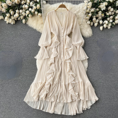 knee length dresses for ladies Elegant Ruffled Pleated Dress – Tally Taylor main image 1