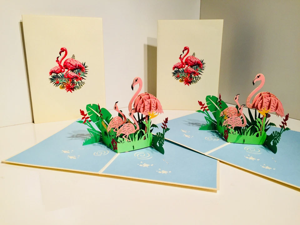 Tarjetas Pop Origami Rosa Flamencos 3D Pop Up Tarjeta de Felicitación Cumpleaños Tamaño 12x17cm Foto 4 de 4