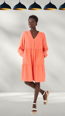 Ex Fat Face Women’s Mina Linen Blend Long Sleeve Tunic Dress in Tomato Red