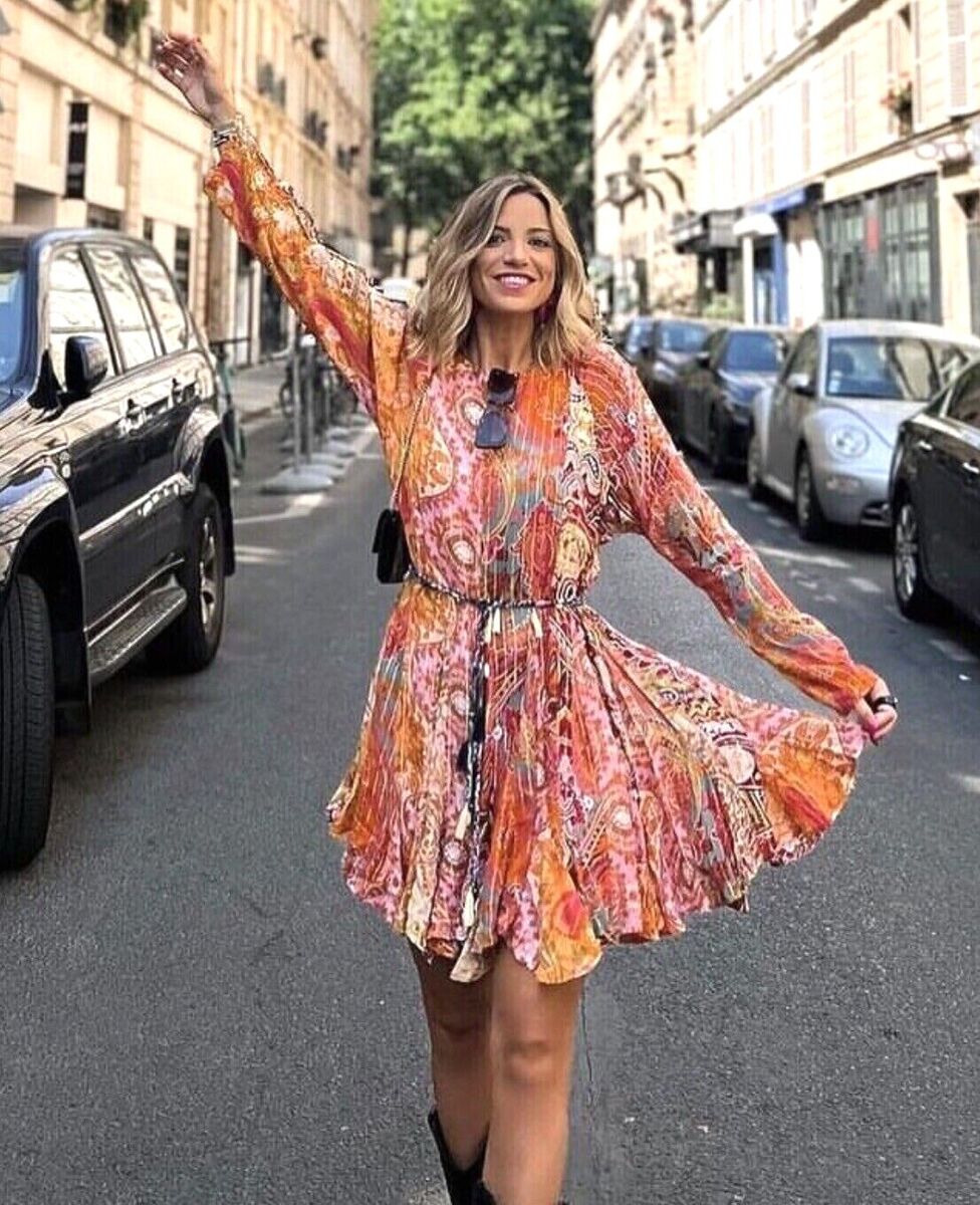Zara Short Printed Dress Belted Multicoloured Orange Size S Zara Short Printed Dress Belted Multicoloured Orange Size S