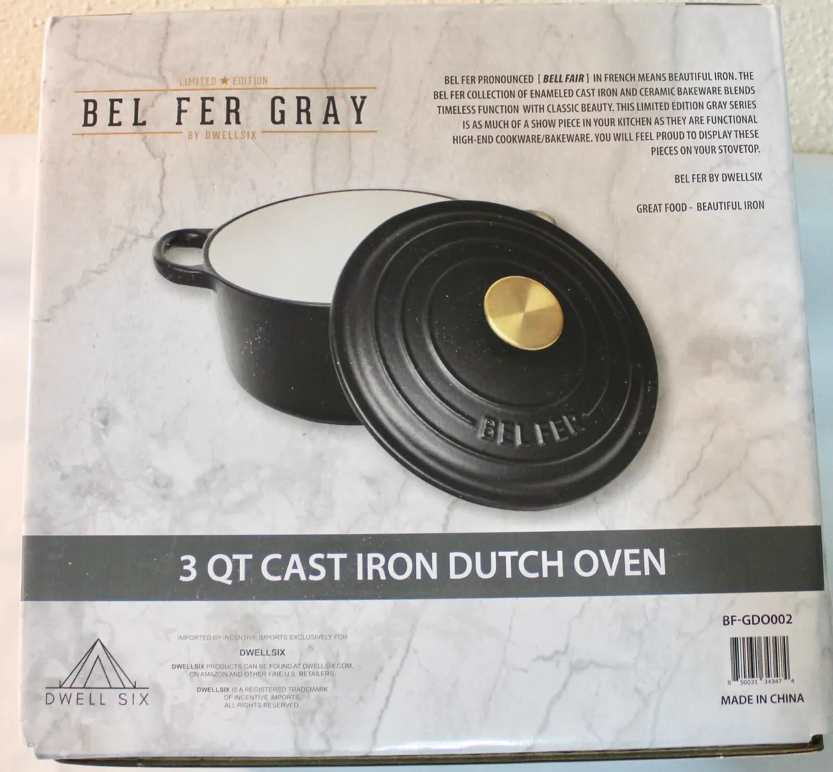 New Bel Fer Gray Enameled Cast Iron 3 qt Dutch Kitchen Oven Heavy-Duty Nib