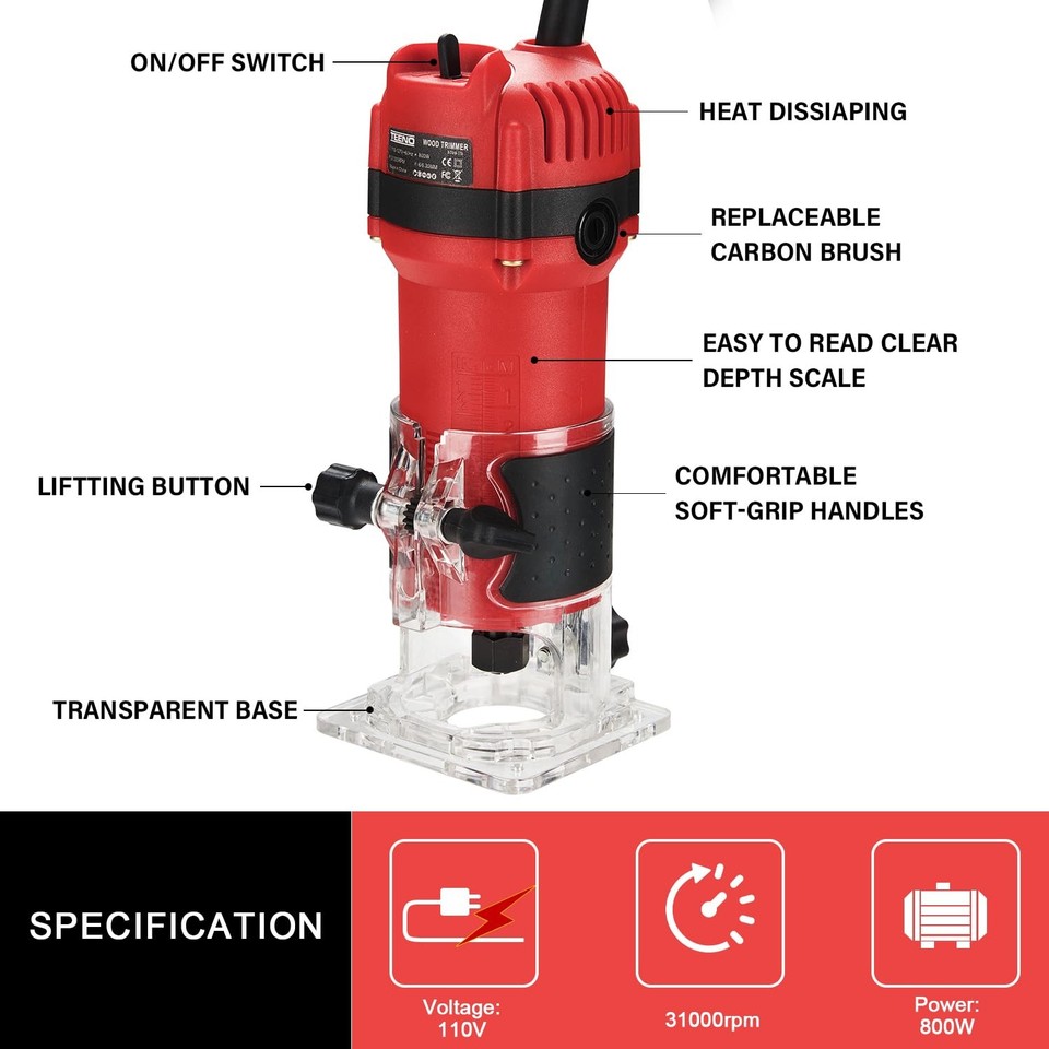 Wood Router, 6.5Amp 1.25HP Wood Routers for Woodworking, 800W Hand Wood ...