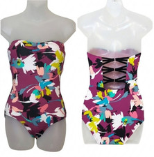 Cole Of California Floral Strapless Swimsuit Strappy Open Back One Piece Size 6