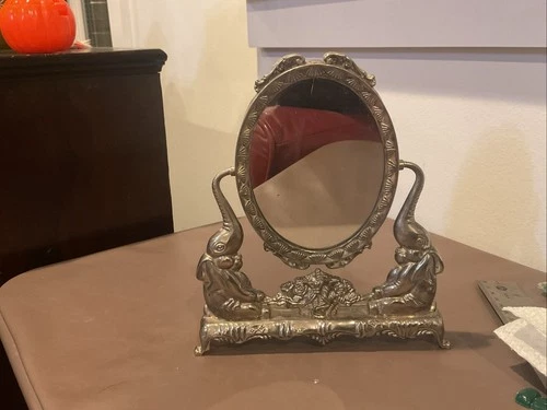 Vintage Silver tone Oval Swivel Tilt Dresser Vanity Mirror footed with Elephants
