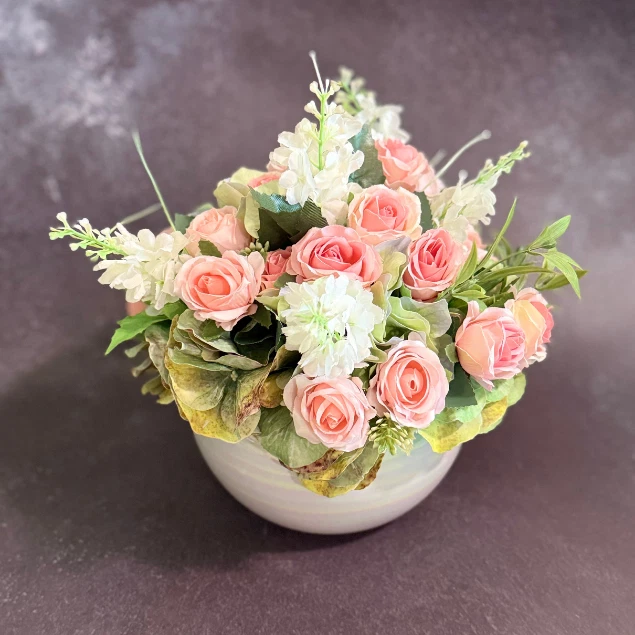 Faux Pink Rose Floral Arrangement Centerpiece in Ceramic Pearl Bowl - Image 3 of 4