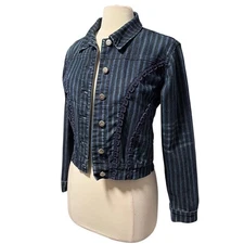 Crest Jeans Navy Pinstripe Y2K Semi Fitted Cropped Denim Jacket Size Small