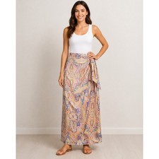 ZARA Paisley Print Faux Wrap Midi Skirt Side Tie Satin Pink Orange Blue Sz S