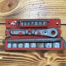 Vintage 19 Piece Indestro Socket Wrench Set #1454 w/Wall Mount Tools