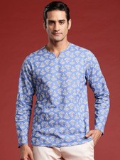 Men's Floral Cotton Indian Kurta Tunic Shirt Blue Boho Ethnic Wear Diwali Eid