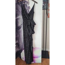 FAERIESTY Sequin Ruffle V Neck Sleeveless Maxi Dress Formal Evening XS Black