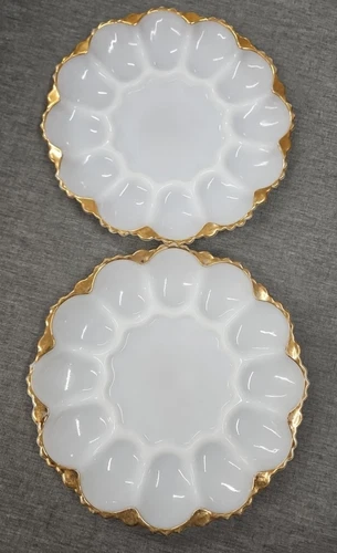 2 Vintage Anchor Hocking Milk Glass Deviled Egg Plate with Gold Trim Ornate 10"