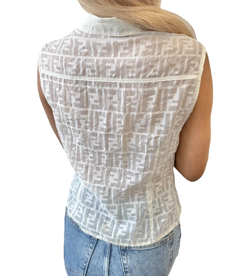 FENDI Vintage Zucca Monogram Logo See-thruogh Shirt #40 Cream Rayon Sleeveless - Image 4 of 4
