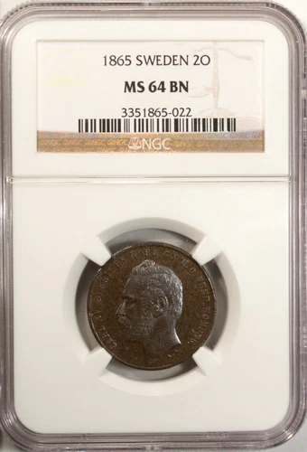 Sweden 2 Ore 1865 NGC MS 64 BN UNC Bronze Carl XV Population 1/0 Top Grade