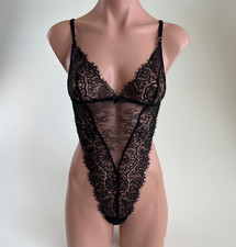 Victoria  s Secret Lace Lingerie Teddy Unlined One Piece Bodysuit Black L NWT