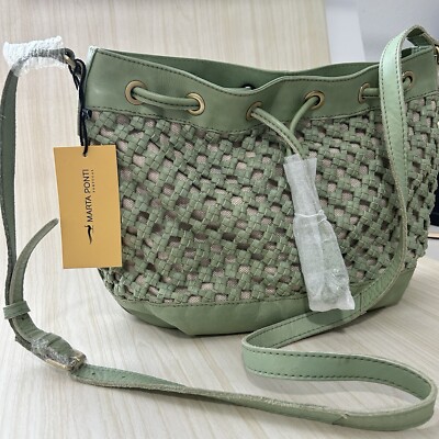 Marta Ponti Leather Woven Detail Studded Crossbody Handbag Green New