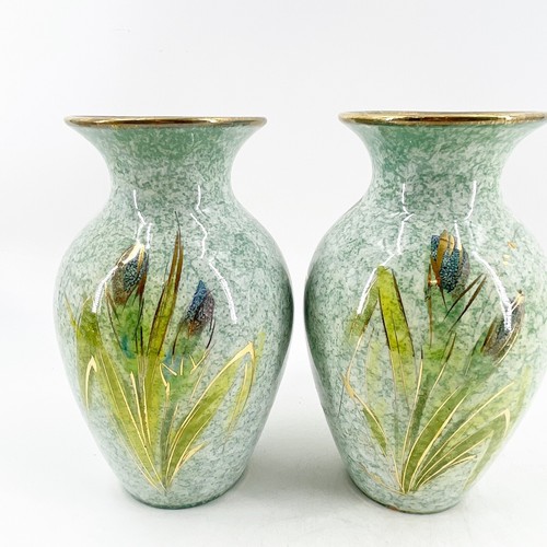 Coppia Vasi Insegna Italiana V200/24 Ceramica Dipinta A Mano Verde Oro Floreale Italia - Foto 5 di 9