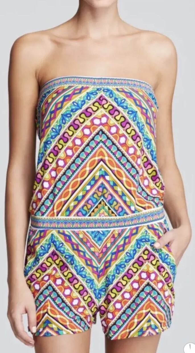 TRINA TURK Peruvian Romper Swim Suit Cover Strapless Colorful Psychedelic Small