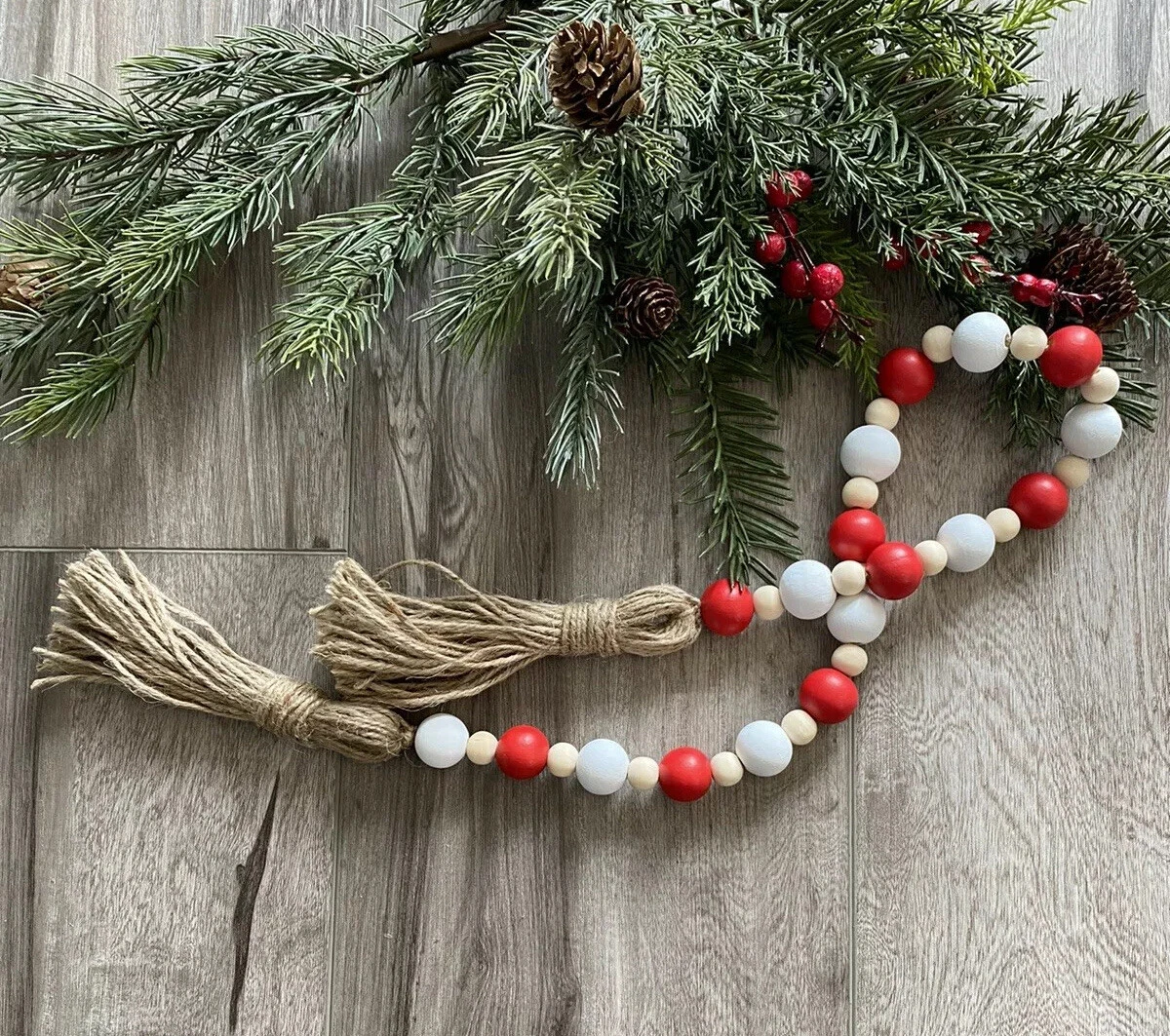 Handmade Wood Bead Garland with Tassels Red, White & Natural Christmas  Winter