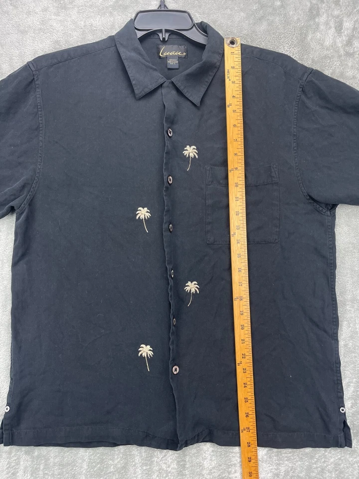Camisa para hombre LUAU negra grande 100 % seda palmera bordada campamento abotonada Foto 3 de 4