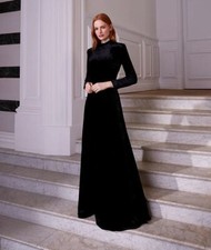 Womens Black Velvet Fit & Flare Dress with Long Sleeves - Evening and Wedding