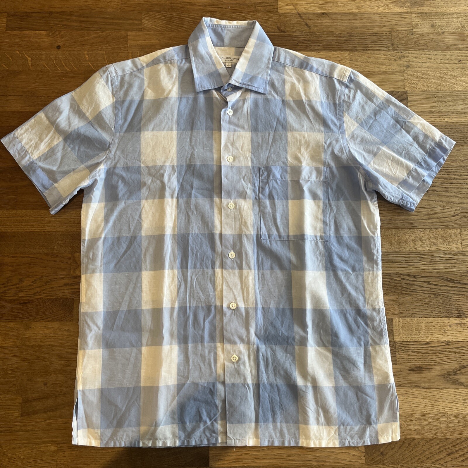 FILA £225 RICHARD JAMES SAVILE ROW CAMICIA UOMO 16" MANICA CORTA BLU A QUADRI A3