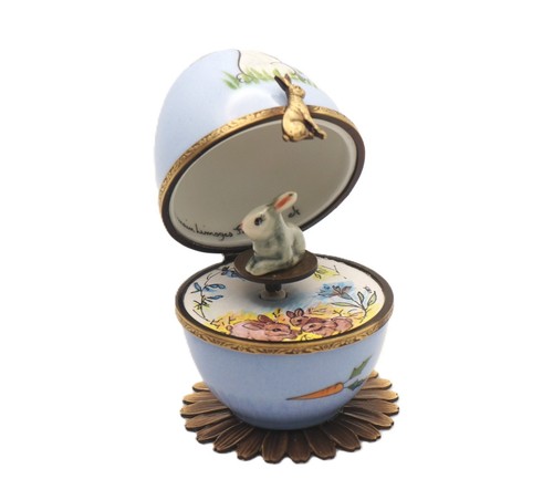 Plays Music French Limoges Trinket Box Rabbit Blue Egg with Gray Bunny Key